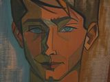 painting of a man ' s face with blue eyes in a brown frame