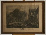 an old picture of a painting of a crowd of people in front of a building
