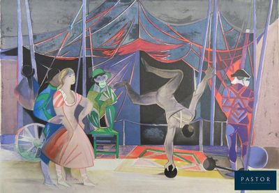 un tableau représentant une femme et un cheval dans un cirque
