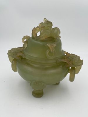 chinese carved green jade celade bowl with dragon handles