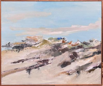 an oil painting of a beach scene with a blue sky in the background