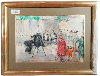 painting of a group of people walking down a street next to a horse