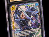 a close up of a card in a plastic holder on a black background