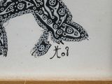 a black and white drawing of a bird on a wall
