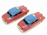 two red and blue toy cars sitting next to each other