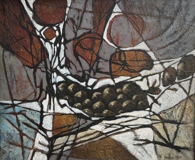 un tableau représentant une assiette de fruits et un verre de vin