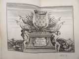 an old book with a drawing of a man standing next to a statue