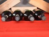 several bottles of wine are lined up on a red cloth