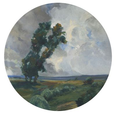 une peinture d'un arbre au milieu d'un champ