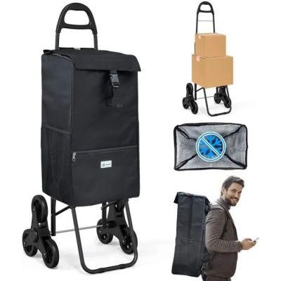 an image of a man walking with a shopping cart and other items