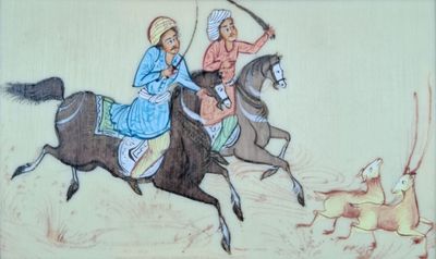 un tableau représentant deux personnes à cheval avec un chien
