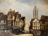 a painting of a street scene with a church in the background