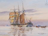 tableau représentant un voilier sur l'eau, avec un bateau en arrière-plan