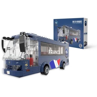 a blue lego bus with a box in the background