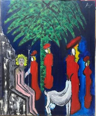 painting of a group of people and a dog in front of a palm tree
