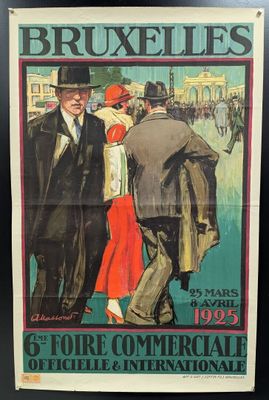 une vieille affiche représentant un homme en haut-de-forme en train de parler à une femme en robe rouge et à un homme en costume