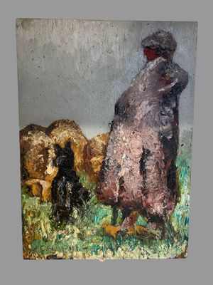 une peinture à l'huile représentant un homme et un chien dans un champ