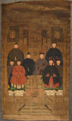 an old painting of a group of people sitting in a room