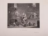 an old black and white drawing of a man sitting in a kitchen