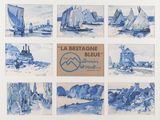 aquarelles bleues et blanches représentant des bateaux sur une plage