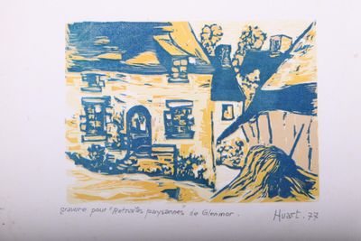 a blue and yellow drawing of a house on a hill