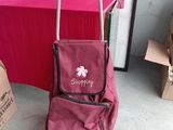 a red shopping cart with a pink bag on it