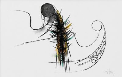 drawing of a black and yellow fish with a long tail