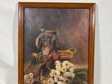 une peinture à l'huile représentant une nature morte avec un pichet et un bouquet de fleurs