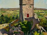 une peinture à l'huile représentant une tour en pierre sur une colline, avec une porte rouge