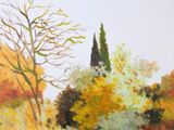 painting of a landscape with trees and a building in the distance