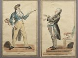 deux dessins représentant des hommes en tenue de cérémonie, l'un muni d'une canne et l'autre muni d'une canne