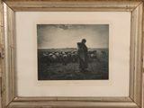 an old picture of a man standing in front of a herd of sheep