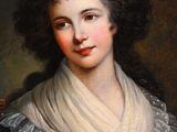 a painting of a woman in a blue dress with a white scarf