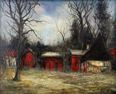 une peinture à l'huile représentant une grange rouge dans un champ, près d'arbres