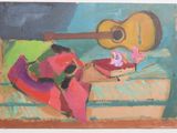 an oil painting of a guitar and a hat sitting on a couch