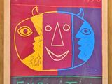 painting of a man and a woman with faces on a red and blue background
