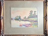 an oil painting of a river scene with trees and water