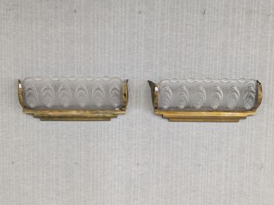 pair of antique brass and frost glass wall sconces
