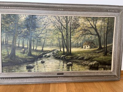 a picture of a painting of a cabin in the woods