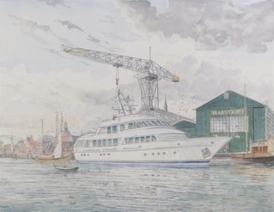 painting of a large white boat in a body of water near a building
