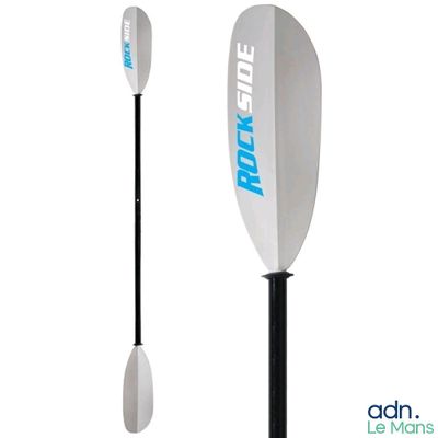 the paddle is white and blue with a blue logo on it