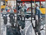 a painting of people walking on a street with a bus in the background