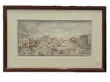 un dessin représentant une vue de ville avec des bateaux et des bâtiments