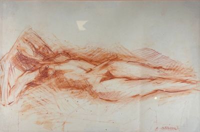 dessin représentant une femme nue allongée sur un lit dans une chambre
