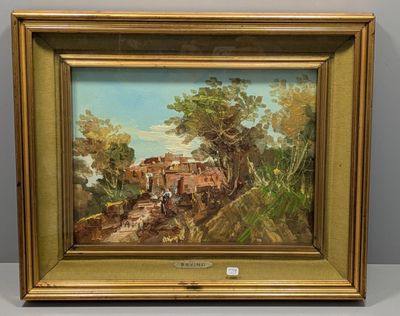 an image of a painting of a village on a hill by a river