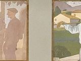 tableau représentant un homme portant une croix et une femme tenant un oiseau
