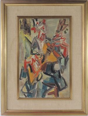 un tableau représentant un homme jouant de la guitare devant un mur