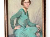 painting of a woman in a green dress sitting on a chair