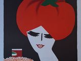 une affiche représentant une femme tenant un sandwich garni d'une tomate