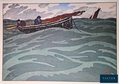 tableau représentant deux hommes dans un bateau au milieu d'un plan d'eau